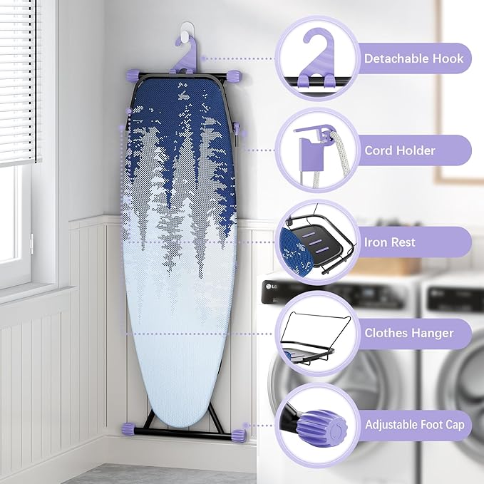 Full Size Ironing Board, 18x51 Iron Board with Metal Panel Stretchable Iron Rest, Adjustable Height Heavy Duty Heat & Scorch Resistant Cover Ironing Board, for Home, Laundry, Purple-Ruum Studio Home