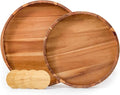 Round Wood Serving Trays Set of 2, Ottoman Tray Rustic Acacia Wooden Trays with Handles, Nesting Circle Tray with 4 Coasters for Coffee Table Living Room Bathroom Bedroom Party-Ruum Studio Home