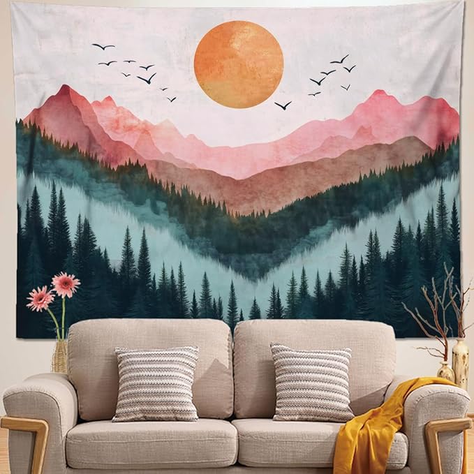 keowhsf Sunset Mountain Forest Tapestry - Large Nature Landscape Wall Hanging, Aesthetic Pine Tree Scenery Wall Art for Bedroom & Living Room Decor-Ruum Studio Home