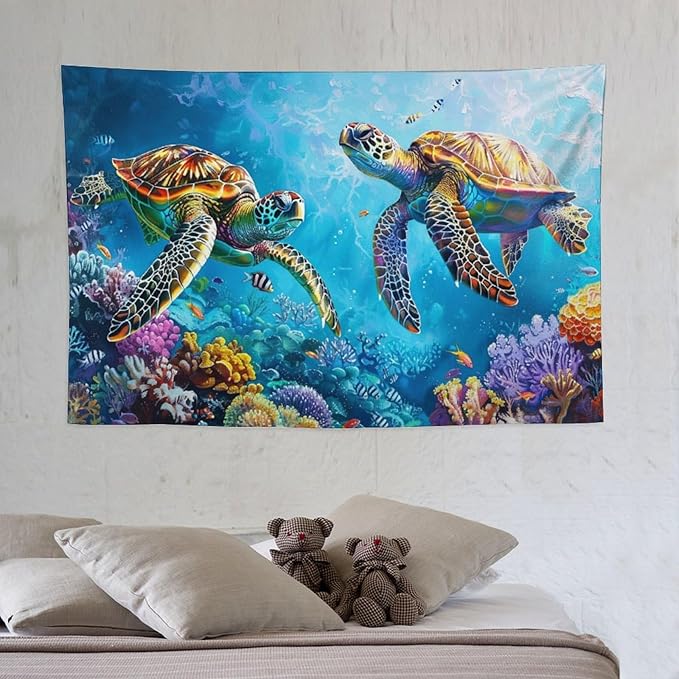Sea Turtle Tapestry Ocean Tapestries Fabric Wall Hanging Aesthetic Space Coastal Indoor Outdoor Wall Art Tablecloth Bedspread Decoration for Bedroom Dormitory Living Room Home Decor 40"x60"-Ruum Studio Home
