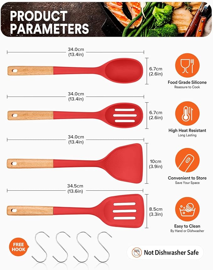 Silicone Cooking Utensils Set, Perfectly Angled for Frying, Mixing,Serving,Draining,Turning and Stirring, BPA-Free Matte Silicone, Wood Handles, Safe for Nonstick Cooking Surfaces,4 Pack (Red)-Ruum Studio Home