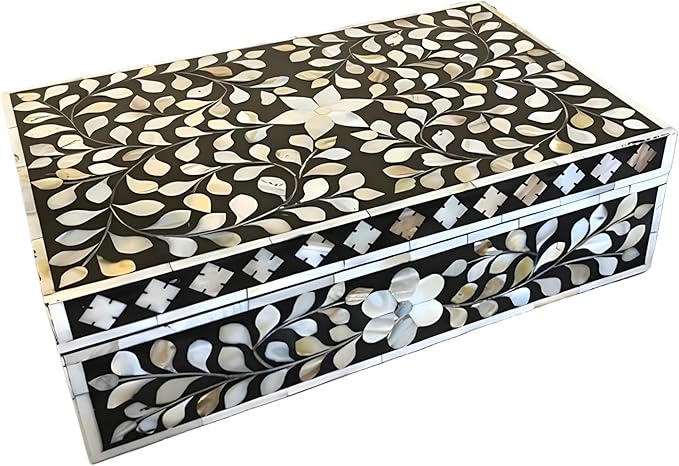 Decorative Wooden Storage Box with Mother of Pearl Inlay – Elegant Floral Design – Perfect for Home Décor in Living Room, Dining Area, or Bedroom (Black, 12x8x5 inches)-Ruum Studio Home