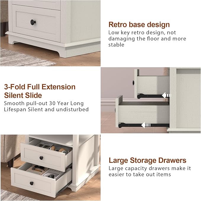 HIFYOBRO Large End Table Set of 2, Flip Top Charging Station and 2 Drawers, Type-C & USB Port & Power outlets, Wooden Storage Cabinet, Side Table with Storage for Living Room and Bedroom (White)-Ruum Studio Home