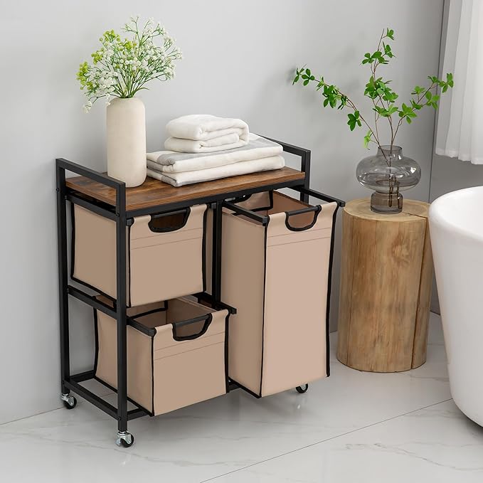 Laundry Basket Organizer - Hampers with 3 Compartments, Sliding Laundry Sorter Bags, Top Storage Shelf, Metal Frame-Ruum Studio Home