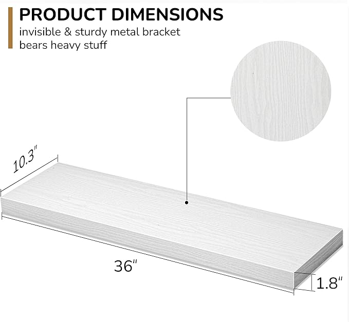 Floating Shelves - 10.3 Inch Deep Wall Shelf for Decor & Storage - Wall Mounted Display Shelving with Invisible Heavy-Duty Metal Bracket - 36" W x 10.3" D x 1.8" H - Set of 1 - Rustic White-Ruum Studio Home