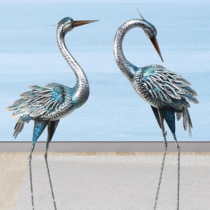 Crane Decor Statues, Blue Heron Garden Statues Metal Yard Art Outdoor Decoy, Garden Sculptures for Yard/Lawn/Pond/Outdoor Decoration, Set of 2-Ruum Studio Home