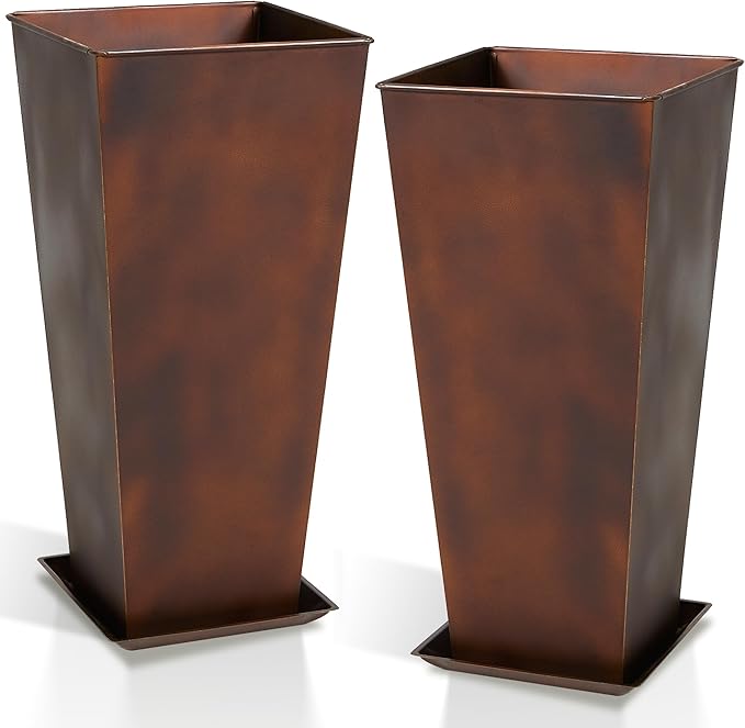 WORTH Garden 12" Dia x 25" H Large Metal Planter Set of 2, Matte Bronze Retro Finish Tall Square Tapered Steel Plant Pots, Decor Flower Pot Indoor & Outdoor, Drainage Hole & Dual-Purpose Plant Saucer-Ruum Studio Home