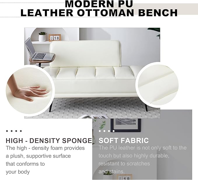 Sofa,Bed Bench,Small Spaces Furniture,Polyurethane Leather,Wood Frame,High Density Sponge Infillings,360-Degree Swivel Tray,Black Metal Leg (Beige)-Ruum Studio Home