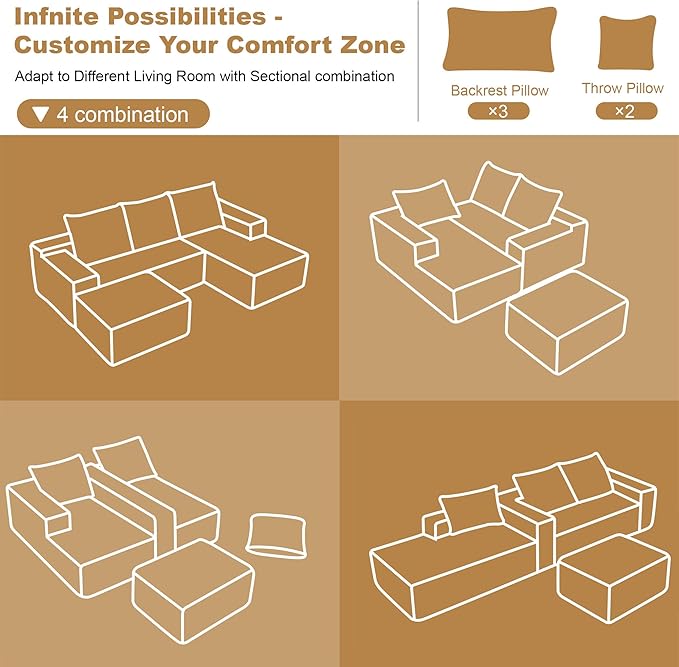 108" Sectional Couches for Living Room Modern Modular Sofa with L-Shape Couchs Upholstered Boneless Couch Deep Seat Sectional Couch with Chaise (Grey, Right Facing Chaise+2Seaters+1Ottoman)-Ruum Studio Home