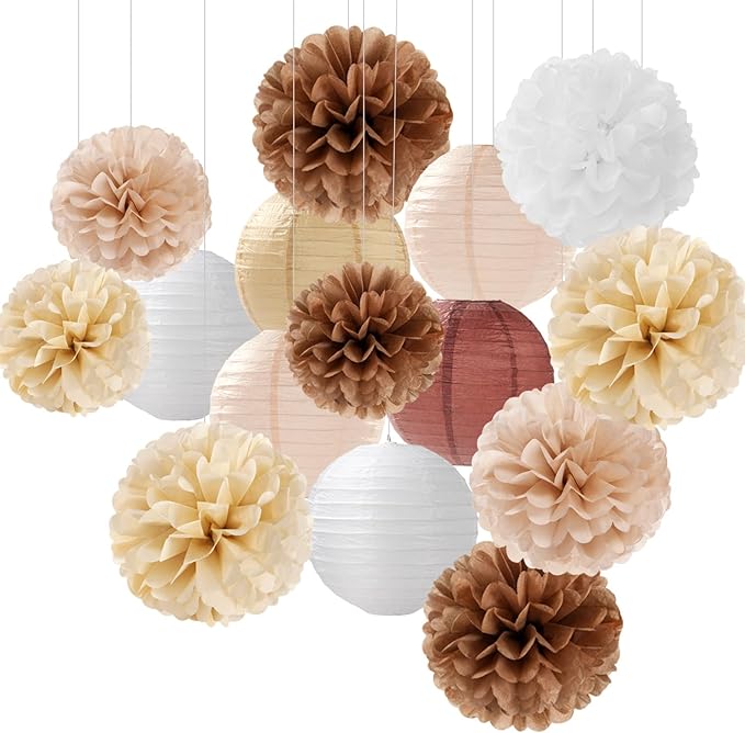 Boho Rustic Wedding Party-Decorations Paper Flowers Lanterns - 15PCS Fall Baby Shower Gender Neutral Streamers,Brown Champagne White Tissue Pom Poms,Autumn Birthday Bridal Decor Hugfond-Ruum Studio Home