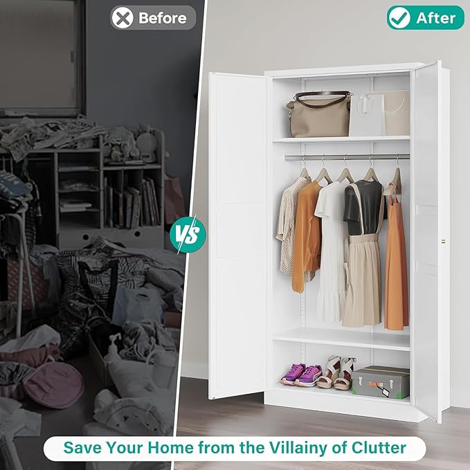 Metal Wardrobe Cabinet with Hanging Rod,White Armoire Wardrobe Closet,Metal Clothing Storage Cabinet with Adjustable Shelves and Doors,72" Wardrobes Storage Cabinet for Home,Living/Laundry Room-Ruum Studio Home