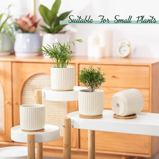 TAMAYKIM 4 Inch Ceramic Plant Pots with Drainage Holes, Modern Flower Planter with Saucer for Indoor Plants, Succulent, Cactus & Herbs, Beige, Set of 4 (Plants Not Included)-Ruum Studio Home