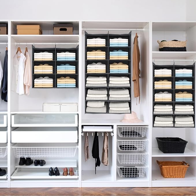 4 Tier Shelf Hanging Closet Organizer, Dual-Row 8 Pocket Cloth Hanging Shelf with 3 Sturdy Hooks for Storage, Foldable (Grey)-Ruum Studio Home
