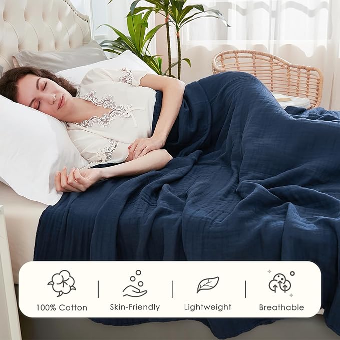 EMME Cotton Blanket Twin XL for Bed Soft Muslin Blankets 66"x90" Lightweight Breathable Layering Bedspread Coverlet All Season Gauze, Navy-Ruum Studio Home