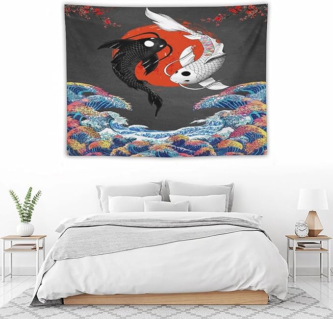 Houselerax Japanese Koi Fish Tapestries, Yin Yang Big Wave Cherry Blossom Tapestry Wall Hanging for Bedroom Living Room Office Decor 40"x30"-Ruum Studio Home