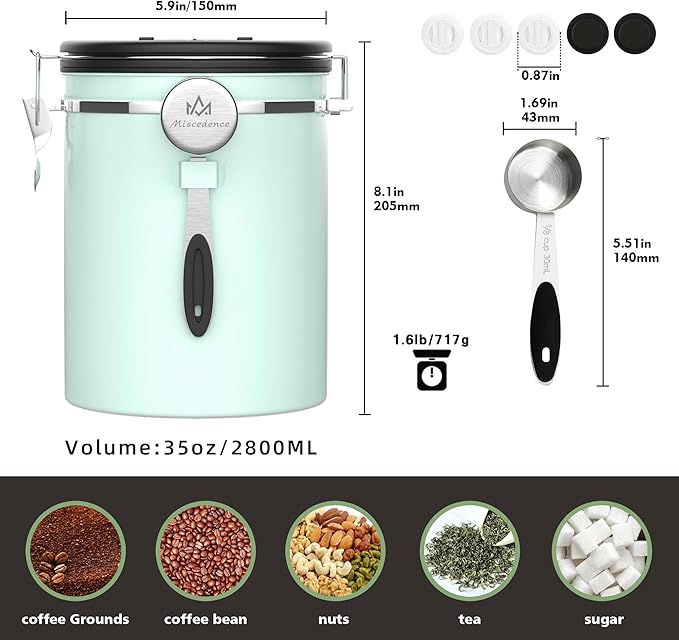 35OZ Coffee Canister for ground coffee with Date Tracker,Mint Green 304 Stainless Steel Kitchen Food Airtight storage container for Coffee Beans or Grounds, Tea, Sugar-Ruum Studio Home
