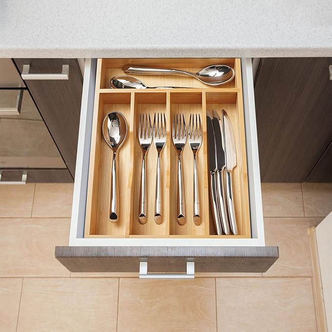 Umilife Kitchen Drawer Organizer, 10 Inch Silverware Utensil Tray Holder, Extra Deep, with Non-Slip Feet & Grooved Drawer Divider, 5 Slots Total Bamboo Wood Caddy for Flatware Cutlery Knives-Ruum Studio Home