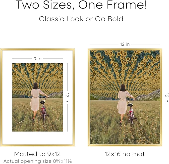 Homeforia 12x16 Picture Frame Gold, High End Metal 12x16 Poster Frames with Mat 9x12 for Photo, 12 x 16 Gold Frame Matted to 9 by 12 Print, 16x12 Thin Hanging Frame, Tempered Glass, Wall Kit, Set of 1-Ruum Studio Home