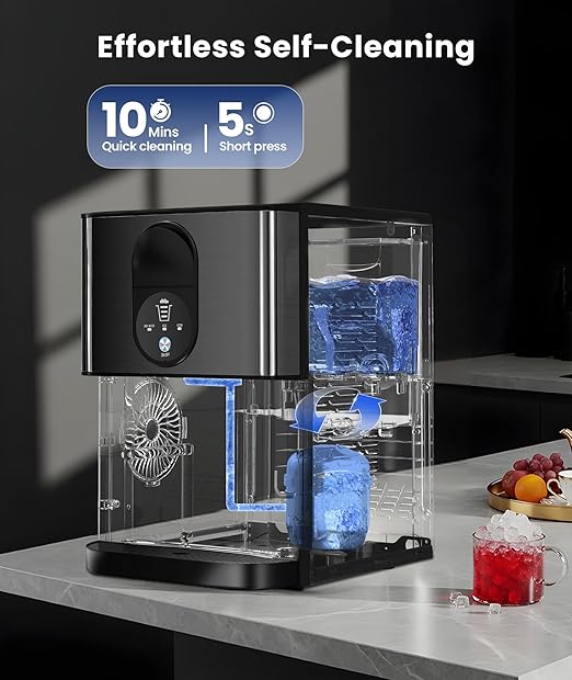 Nugget Ice Maker Countertop, 44lbs/24H Soft Chewable Pellet Ice Maker Machine Dispenser with Water Reservoir, Self-Cleaning, Pebble Ice Machine for Home Kitchen, Office, Black Stainless-Ruum Studio Home