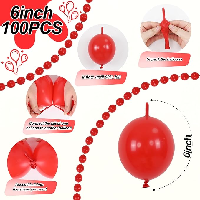 Red Link Balloons, 60PCS 6 Inch Small Red Quick Linking Balloons for Making Balloon Wall Heart Arch, Tails Balloon for Wedding Birthday Baby Shower Valentine's Proposal Anniversary Party Decorations-Ruum Studio Home