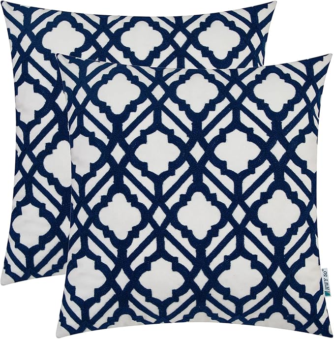 HWY 50 Dark Blue Decorative Throw Pillow Covers 18x18 Inch, Pack of 2 Embroidered Cotton Farmhouse Cushion Cover Pillow Case for Sofa Couch Living Room Bed Bedroon, Trellis-Ruum Studio Home