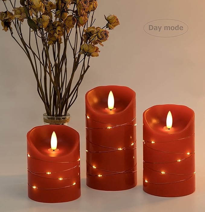danip red LED flameless Candle with Embedded Star String, 3-Piece Set of LED Candles, with 11 Button Remote Control, 24-Hour Timer Function, Dancing Flames, Real Wax, Battery Powered. (Red)-Ruum Studio Home