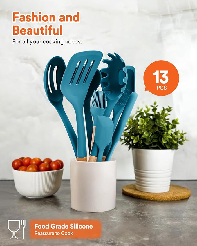 Kitchen Utensils Set, 13PCS Silicone Cooking Utensils, Heat Resistant Kitchen Utensil Spatula Set for Nonstick Cookware, Wooden Handles Kitchen Gadgets Tools Set (BLUE)-Ruum Studio Home