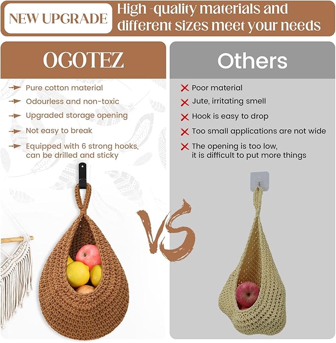 Hanging Fruit Baskets for Kitchen - 3 Pack Boho Wall Hanging Basket with 6 Pcs Strong Hooks, Handwoven Hanging Holder Teardrop Home Produce Basket for Fruits Vegetable Potato Onion Storage (Linen)-Ruum Studio Home