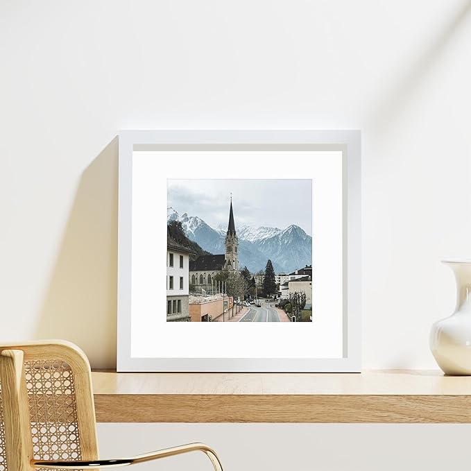 Vittanly 12x12 Picture Frames Set of 9, Shatter Resistant Plexiglass, Display 8x8 Pictures with Mat or 12x12 without Mat, Photo Frames for Wall Mount, Engineered Wood, White-Ruum Studio Home
