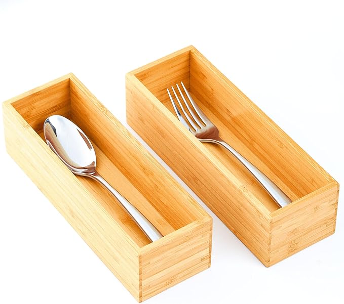 Umilife Bamboo Kitchen Drawer Organizer, Extra High Silverware Tray, Flatware Cutlery Storage Box, Multi-Use Holder in Office, Bathroom, Pantry - 9"x3"x2.5" (Set of 2)-Ruum Studio Home