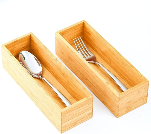 Umilife Bamboo Kitchen Drawer Organizer, Extra High Silverware Tray, Flatware Cutlery Storage Box, Multi-Use Holder in Office, Bathroom, Pantry - 9"x3"x2.5" (Set of 2)-Ruum Studio Home