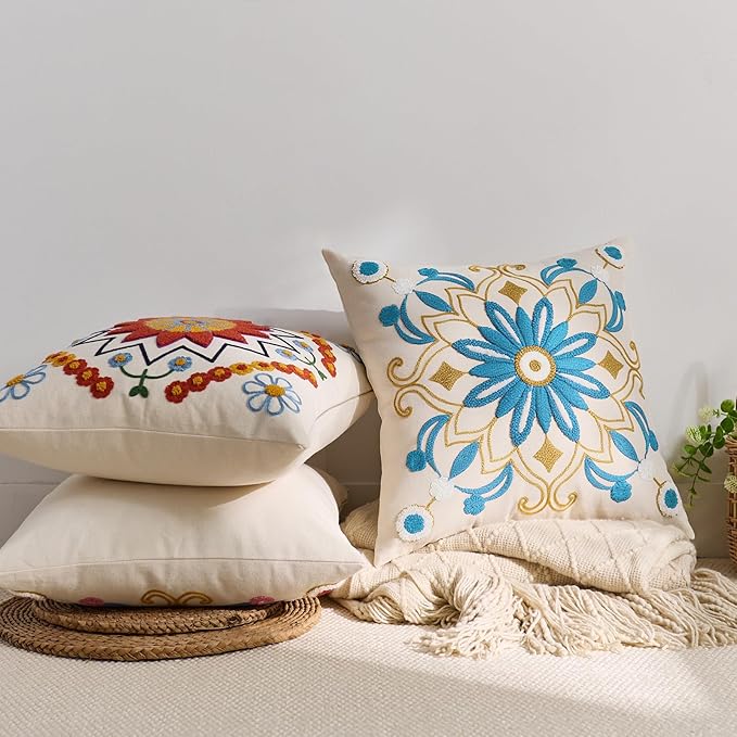 Embroidered Throw Pillow Cover 18x18 Classic Boho Floral Pattern Pillows Cover Outdoor Decorative Pillowcase,Durable Cozy Textured Cushion Case for Sofa Couch Bed Living Room,Teal-Ruum Studio Home