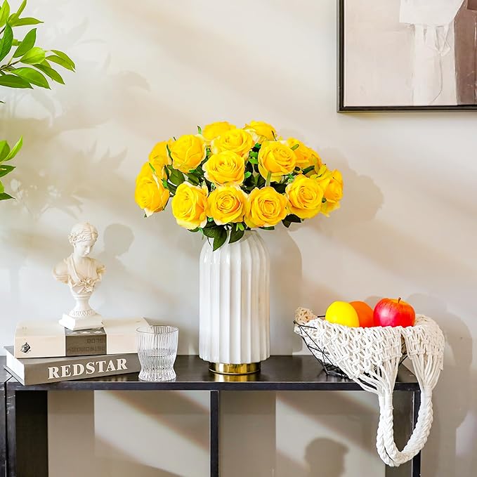 Yellow Fake Roses Artificial Flowers - 16 Pcs Fake Artificial Roses Silk Flowers with Stems for Home Wedding Hotel Office Centerpiece Decor-Ruum Studio Home