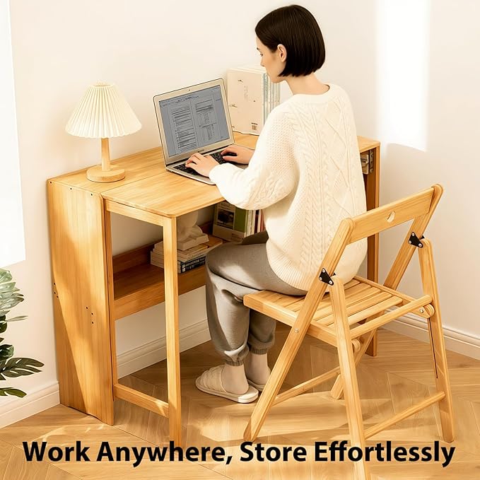 39.37" Bamboo Folding Desk,Space-Saving Computer Desk for Small Spaces, Foldable Study Table for Bedroom, Home Office, Dorm, Apartment (Natural)-Ruum Studio Home