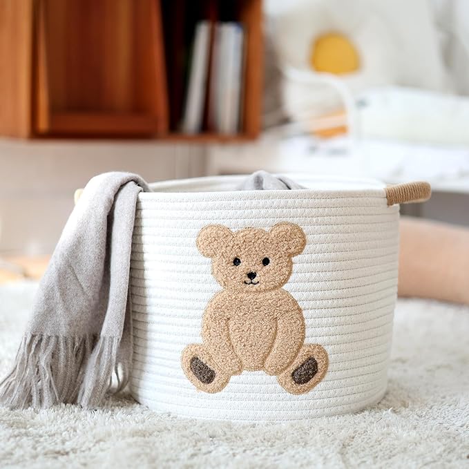 INough Cotton Rope Basket Toy Storage Baskets for kids Laundry Hamper, Gift Basket Empty Baby Shower Baskets with Handles, Cute Bins Blanket Stuffed Animal Storage for Nursery, Living Room Decor, Bear-Ruum Studio Home