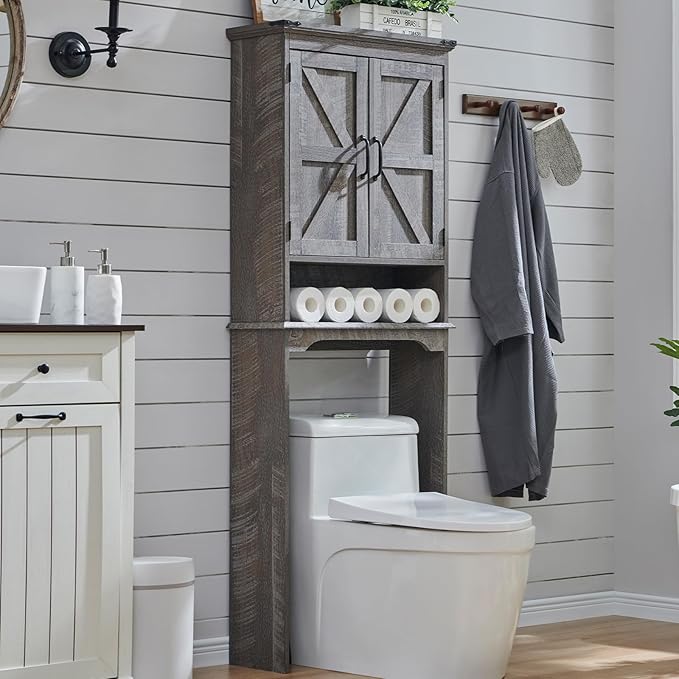 Over The Toilet Storage Cabinet, Farmhouse Bathroom Cabinet with Adjustable Shelf & Barn Door, 67" Tall Over The Toilet Shelf, Grey Wash-Ruum Studio Home