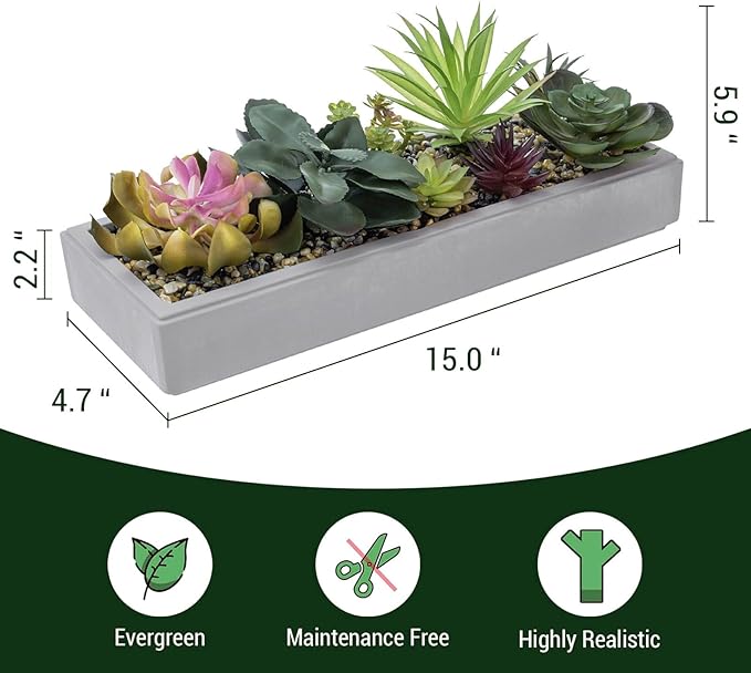 MyGift 15 Inch Mixed Color Assorted Artificial Succulent Plant Arrangement in Modern Gray Clay Planter Tray-Ruum Studio Home