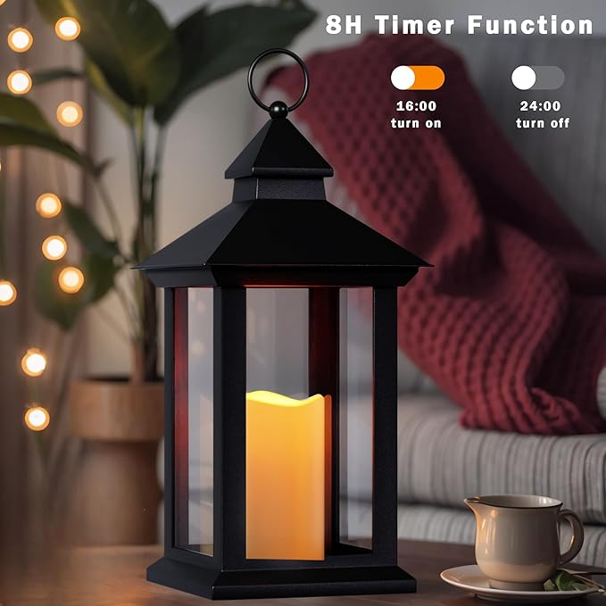 Lanterns Decorative Indoor, 1 Pack Black Outdoor Lantern with Timer, 14" Lantern Waterproof with Battery Operated Candle, Outdoor Hanging Lanterns for Porch, Patio, Wedding Decor-Ruum Studio Home