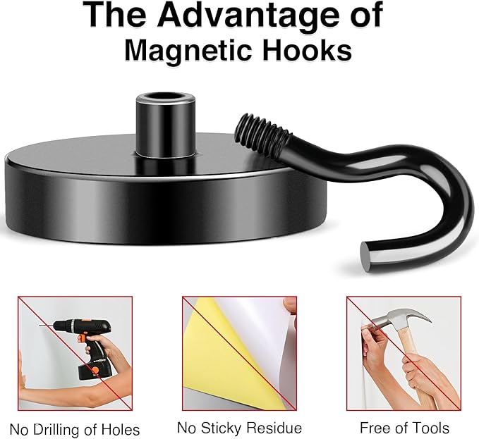 MIKEDE Black Magnetic Hooks Heavy Duty, 150LB+ Strong Neodymium Magnets for Refrigerator, Magnetic Hooks with Epoxy Coating for Hanging, Magnets with Hooks for Cruise, Home, Workplace - 10 Pack-Ruum Studio Home