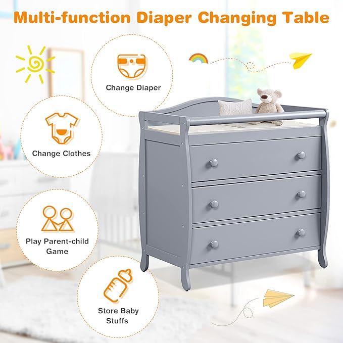 Costzon 3-Drawer Changing Table, Infant Diaper Changing Station with Drawers, Safety Rails & Strap, Baby Changing Table Dresser for Nursery, Easy Assembly (Gray)-Ruum Studio Home