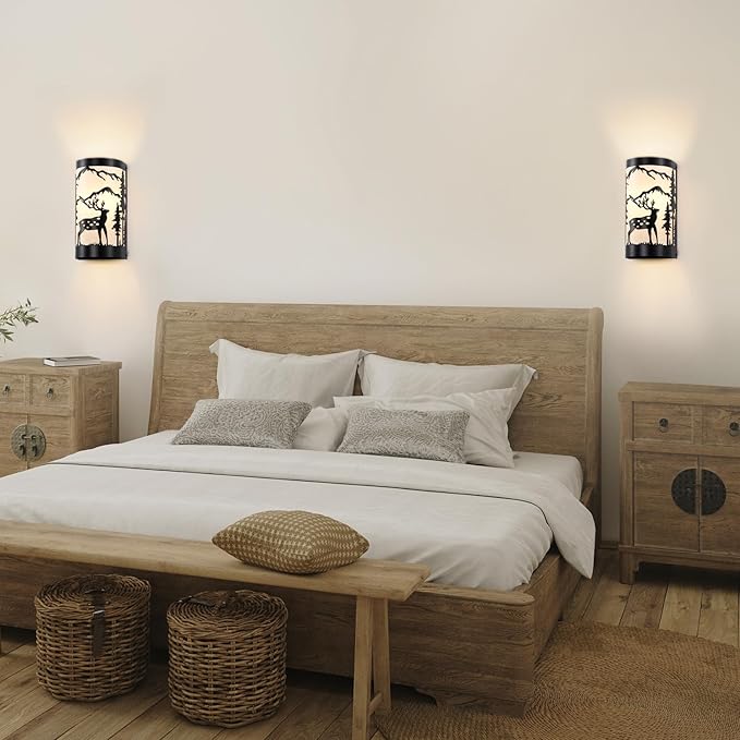 Black Wall Sconces Set of Two,Deer Metal Cream Parchment Rustic Wall Sconces,Farmhouse Indoor Wall Light Fixtures,Industrial Matte Sconce Light,Wall Lamps for Bedroom,Living Room,Hallway-Ruum Studio Home