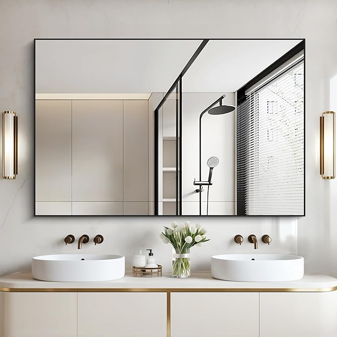 Black Bathroom Mirror for Wall, 30x50 Inch Rectangle Mirrors with Metal Frame, Modern Vanity Wall Mirror Decor for Bathroom Living Room, Entryway Hangs Horizontal or Vertical-Ruum Studio Home
