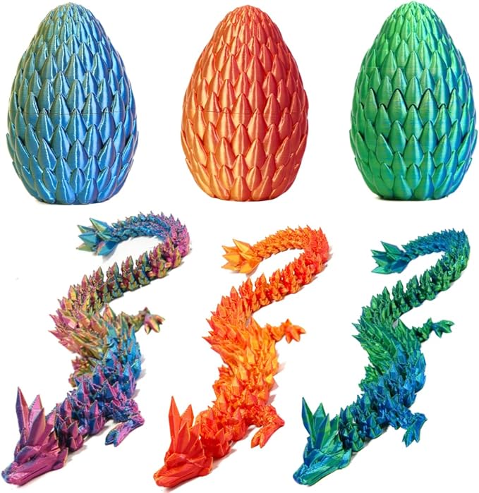 3PCS 3D Printed 12” Articulated Crystal Dragon Inside 5.1” Egg – Fantasy Collectible, Fidget Toy & Stocking Easter Basket Stuffers for Home & Office Decor (3PCS-Egg)-Ruum Studio Home