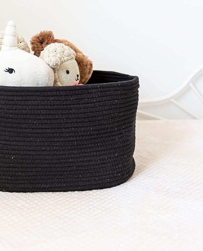 OrganiHaus Set of 3 Woven Storage Baskets for Organizing, Cotton Rope Organizer Bins for Shelves, Closet & Nursery, Dog Toy Basket, Decorative Bins for Toys, Towels & Books - 15x10x9, Black-Ruum Studio Home