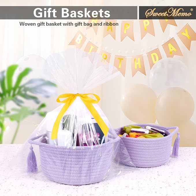 Small Purple Basket, Cute Woven Gift baskets with Cellophane Wrap set for Girl, Decorative Cotton Rope Container Bin, Little Makeup Brushes Holder for Bathroom Counter, Vanity, Cosmetics – lavender-Ruum Studio Home