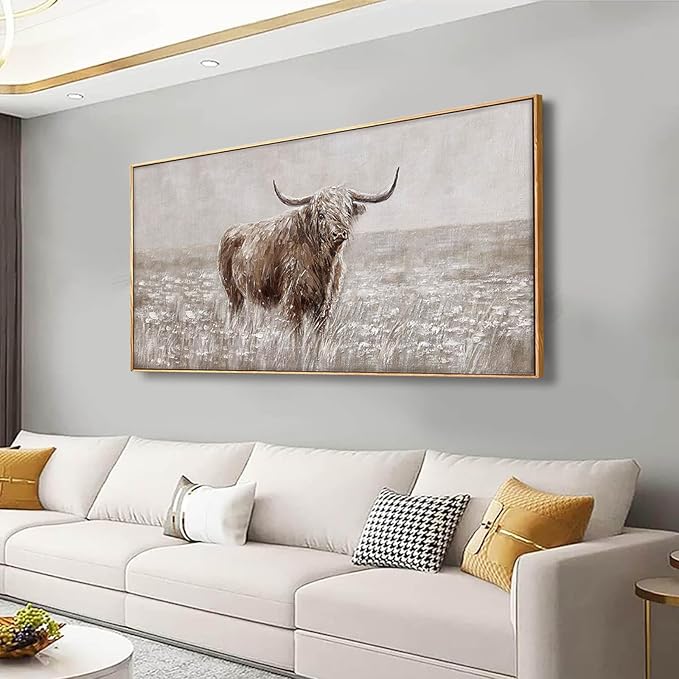 MLART99 Vintage Brown Highland Cow Painting Farmhouse Wall Art with Frame Country Decor Animal Poster for Living Room Bedroom Decor Ready to Hang 24x48-Ruum Studio Home