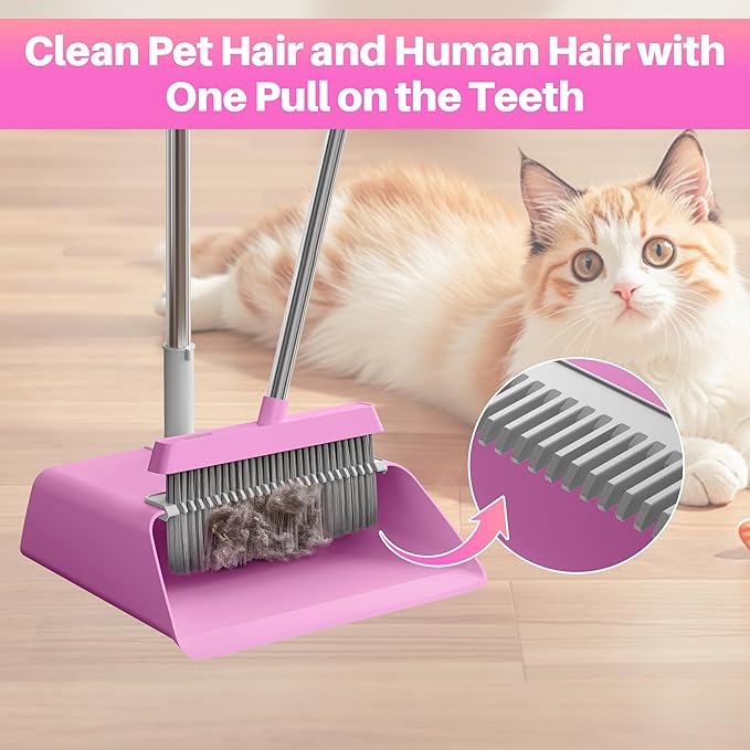 JOYMOOP Pink Broom and Dustpan Set with 56” Handle, Upright Angle with Built-in Comb Teeth for Hardwood Floors and Pet Hair-Ruum Studio Home