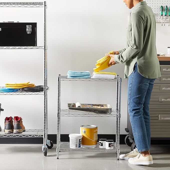 Amazon Basics 3-Shelf Adjustable Heavy Duty Steel Wire Rack Storage Shelving Organizer for Kitchen, Garage, 23.2" L x 13.4" W x 30" H, Chrome-Ruum Studio Home