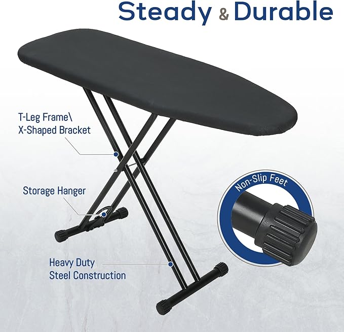 Ironing Board 43x13 with Iron Rest, RAINHOL Compact Iron Board Full Size with Thick Cover and Pad, Easy Storage Hanger with Heat-Resistant Silicone Pad, Space Saving and Height Adjustable, Black-Ruum Studio Home