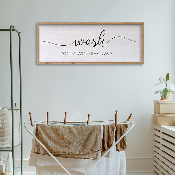 Wash Your Worries Away Bathroom Wall Art 24×10 Inch Wood Framed Decor Funny for Laundry Room Restroom Modern Rustic Inspirational Sign (Wood)-Ruum Studio Home